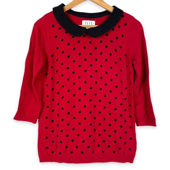 Elle Polka Dot Peter Pan Collar 3/4 Sleeve Sweater Red Black XS - Picture 1 of 10